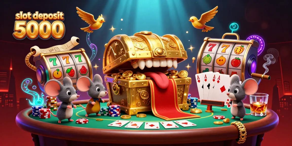Menangkan slot deposit 5000 dengan ilustrasi 3D peti harta karun emas dan simbol slot menarik.