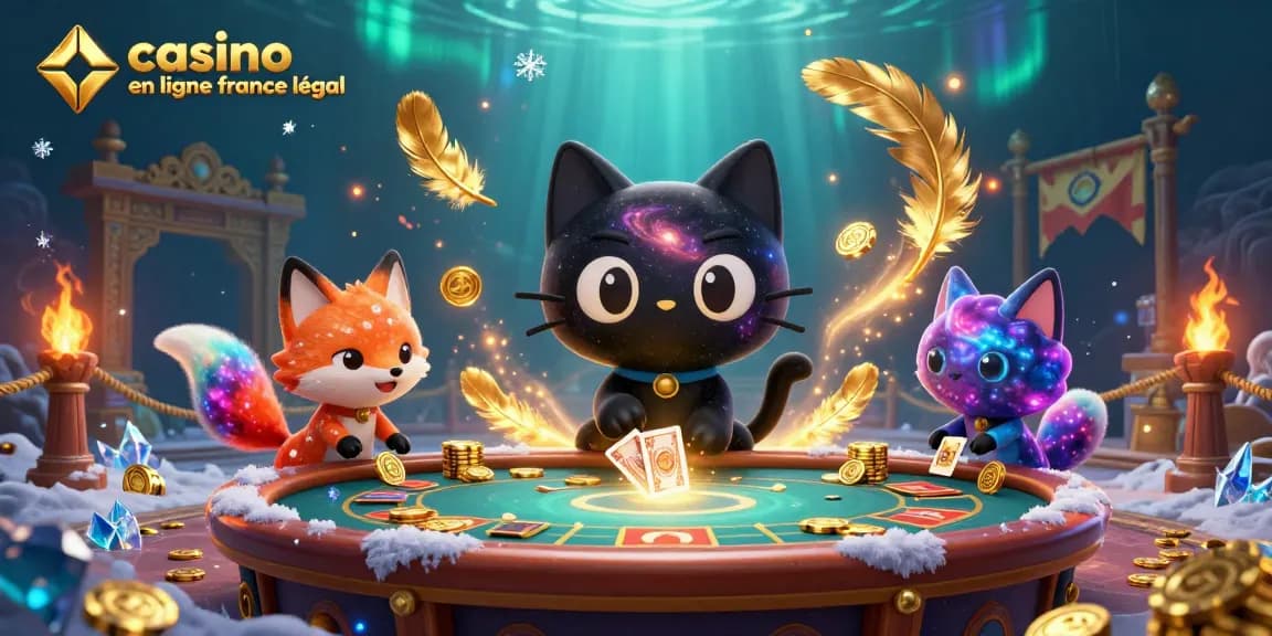 Table de casino animée avec un chat noir, un trou noir et un renard nébuleux, représentant le casino en ligne légal en France.