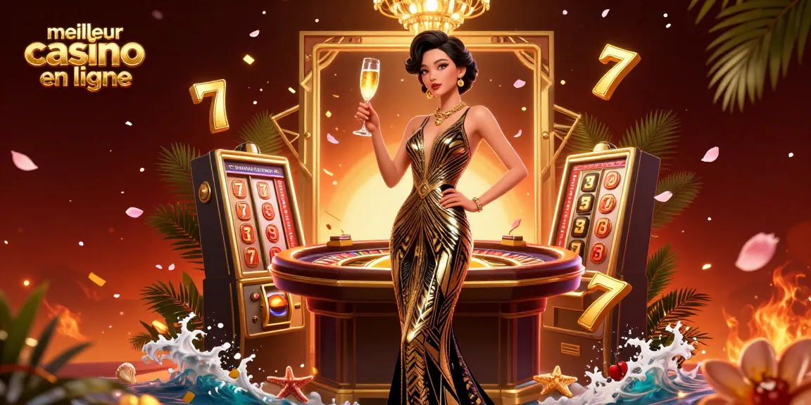 Vivez l'excitation du meilleur casino en ligne avec une illustration glamour présentant des éléments de casino d'esthétique vintage.