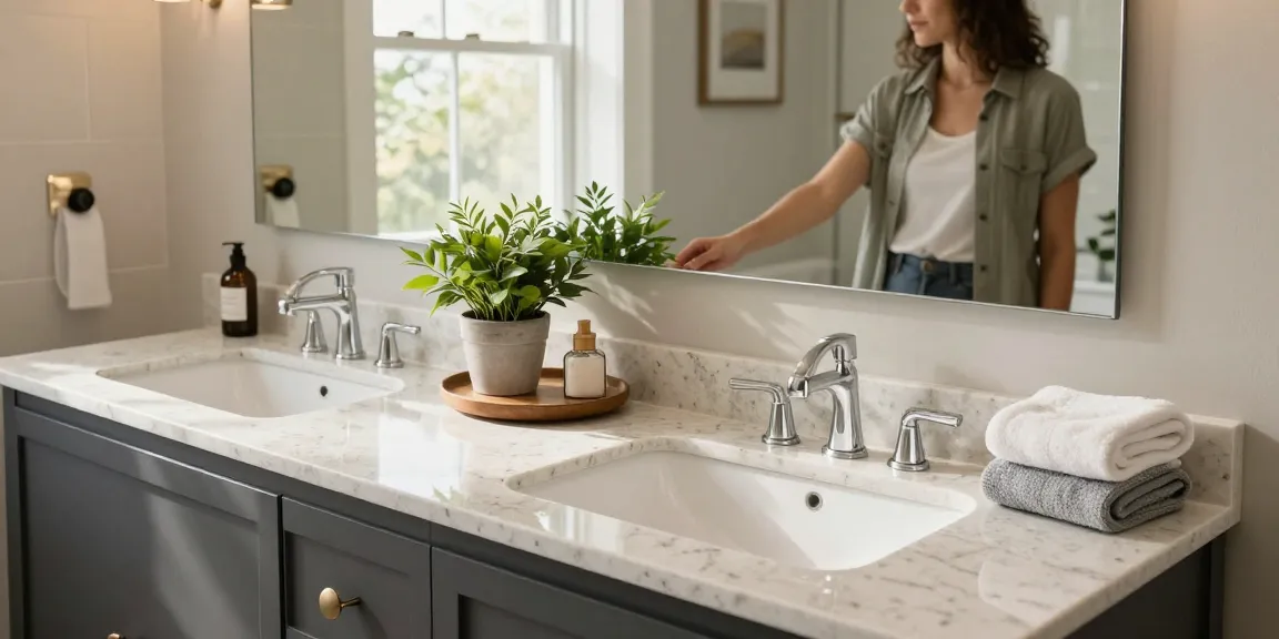 Stylish bathroom vanity with dual sinks and modern fixtures, enhanced by natural light.