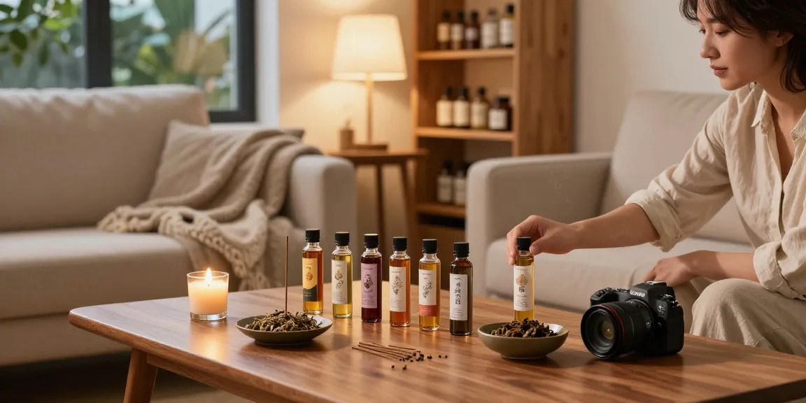 Buy premium liquid herbal incense displayed in a cozy setting with aromatic herbs and soft lighting.