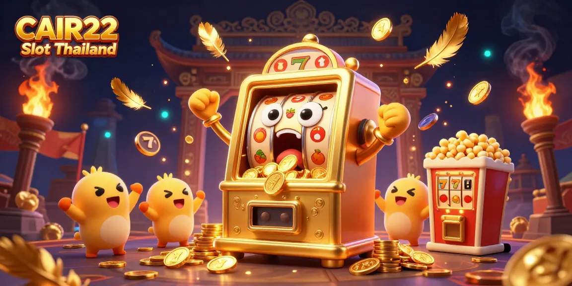 Mesin slot CAIR22 Slot Thailand merayakan jackpot dengan koin berhamburan, menampilkan suasana kasino yang ceria dan dinamis.