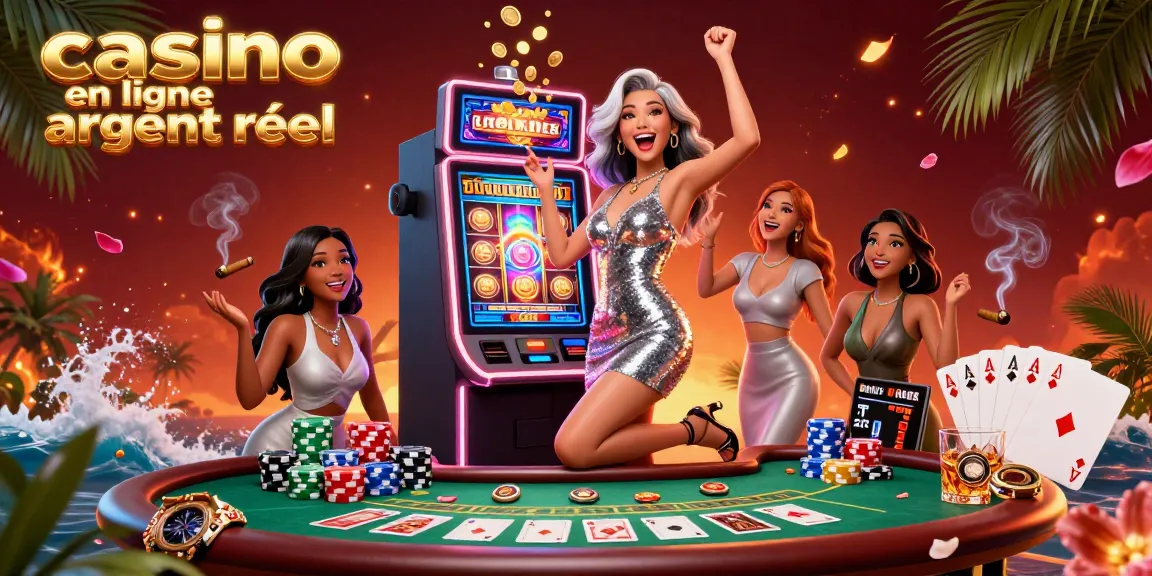 Vivez l'excitation des casinos en ligne argent réel avec un gagnant de jackpot célébrant au milieu d'éléments de poker colorés.