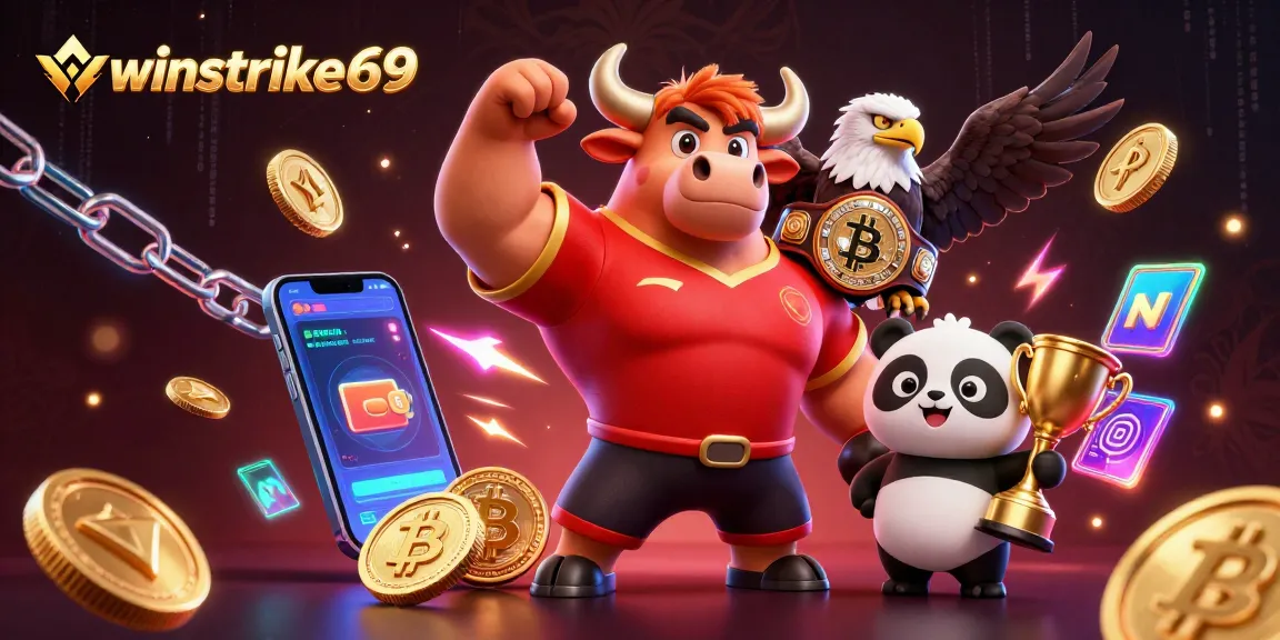 Experience the excitement of winstrike69 with a vibrant 3D casino scene featuring cartoon characters and gambling elements.