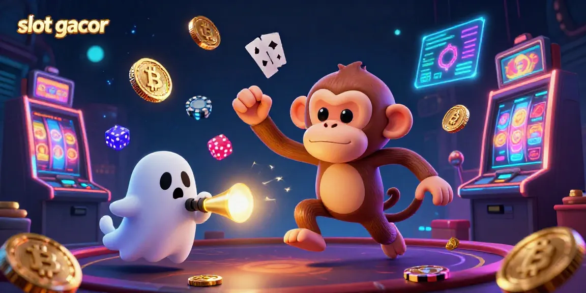 Engage in thrilling slot gacor action as a mischievous monkey juggles gold amidst a vibrant casino.