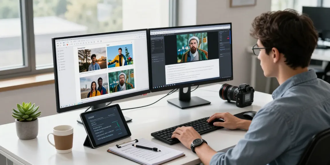 AI image detector in action on dual monitors in a modern office environment.