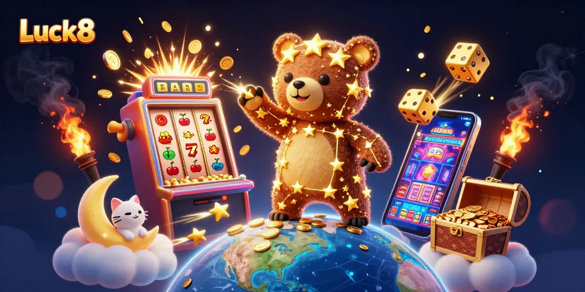 Experience thrilling gaming adventures with Luck8's vibrant 3D illustration capturing the excitement of slots and jackpots.