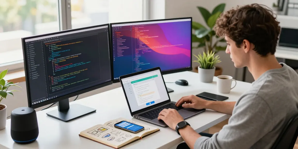 Professional workspace showcasing innovative app development with 纸飞机中文版 messaging software on dual monitors.