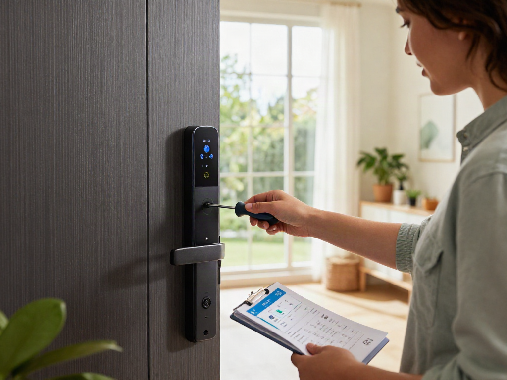 Installing a قفل هوشمند on a front door, showcasing modern home security solutions with installation tools.