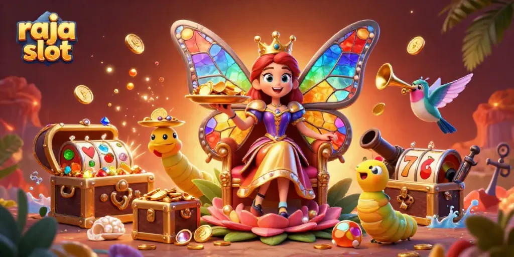 Gambarkan raja slot dengan ratu kupu-kupu 3D dan elemen slot yang kaya detail.