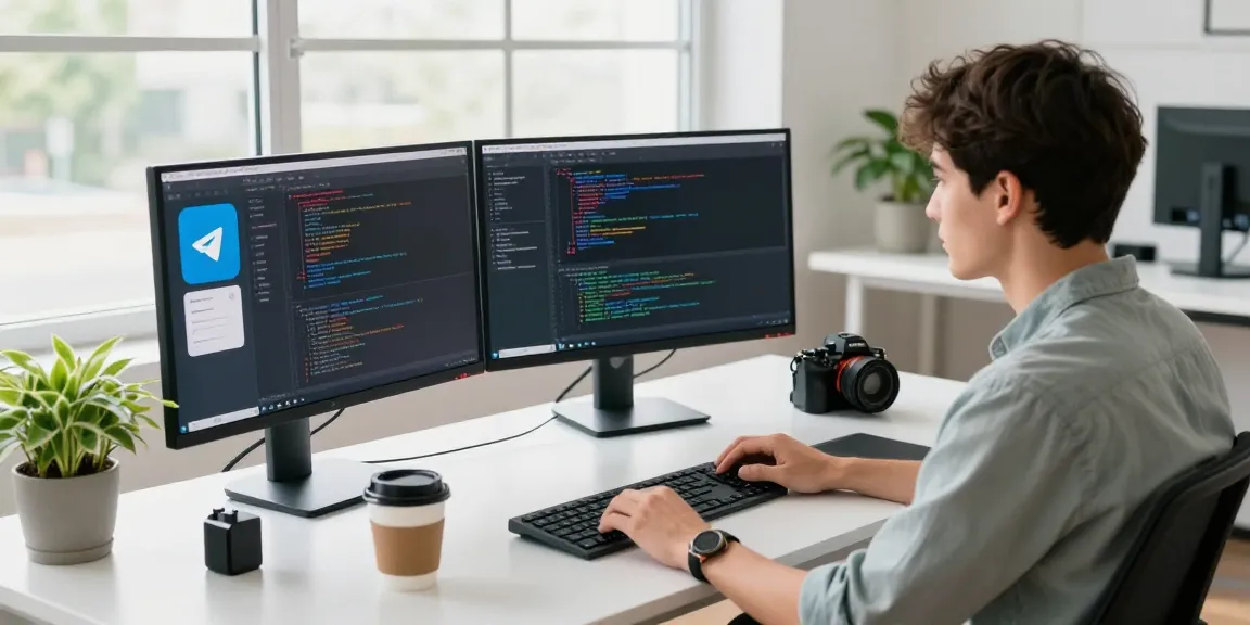 Developer coding on Telegram app in a modern workspace, showcasing 纸飞机中文版.