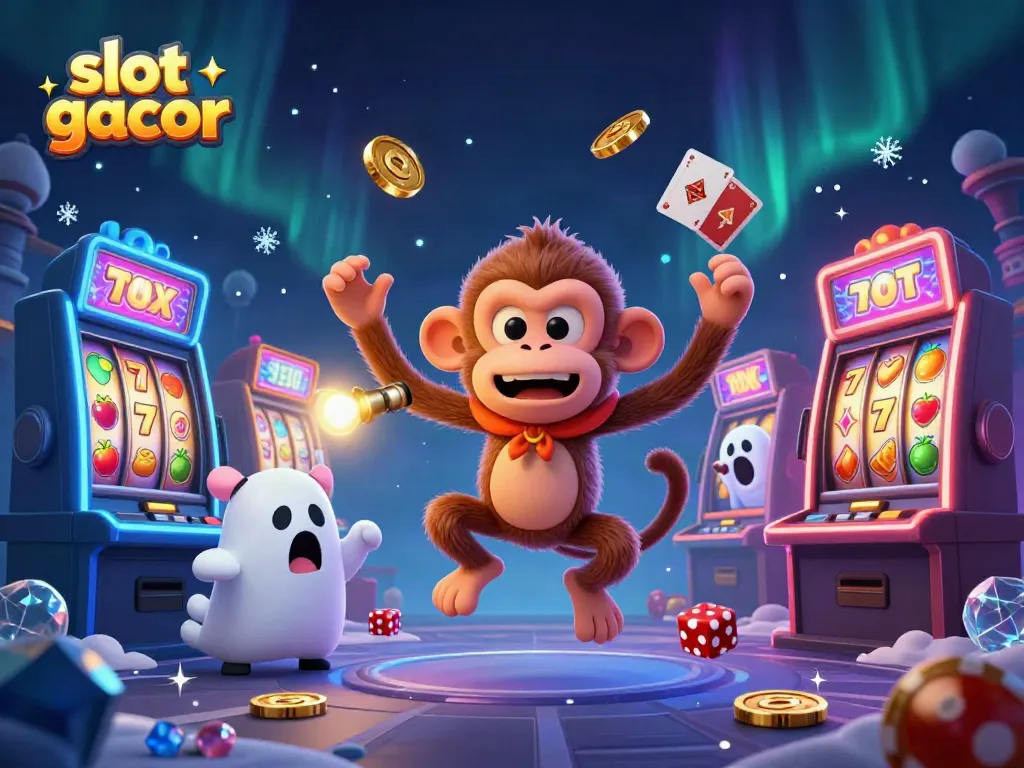 Experience the thrill of slot gacor with an enchanting 3D illustration of a mischievous monkey and ghost-hunter puppy in a haunted casino.