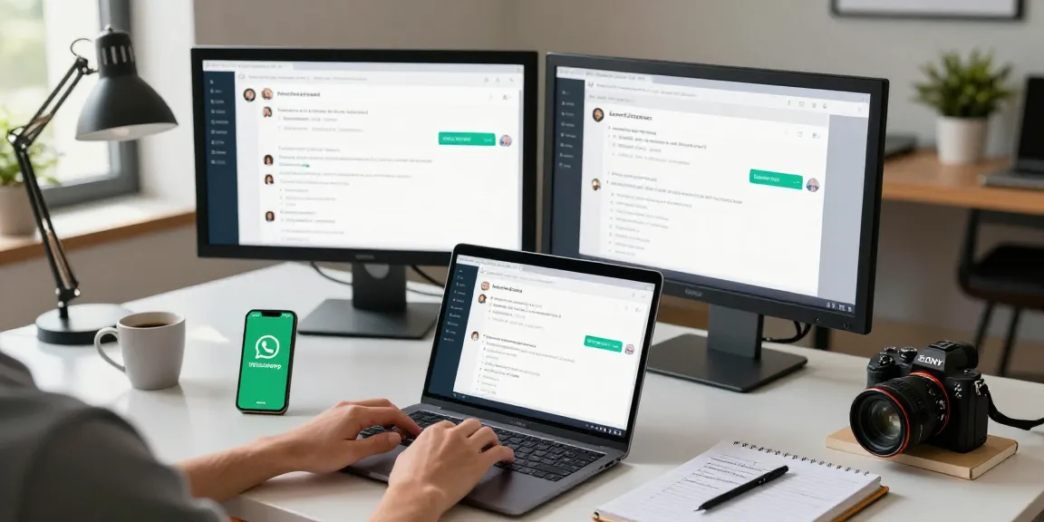 Engaging user working with WhatsApp網頁版 on laptop in a modern office setting.