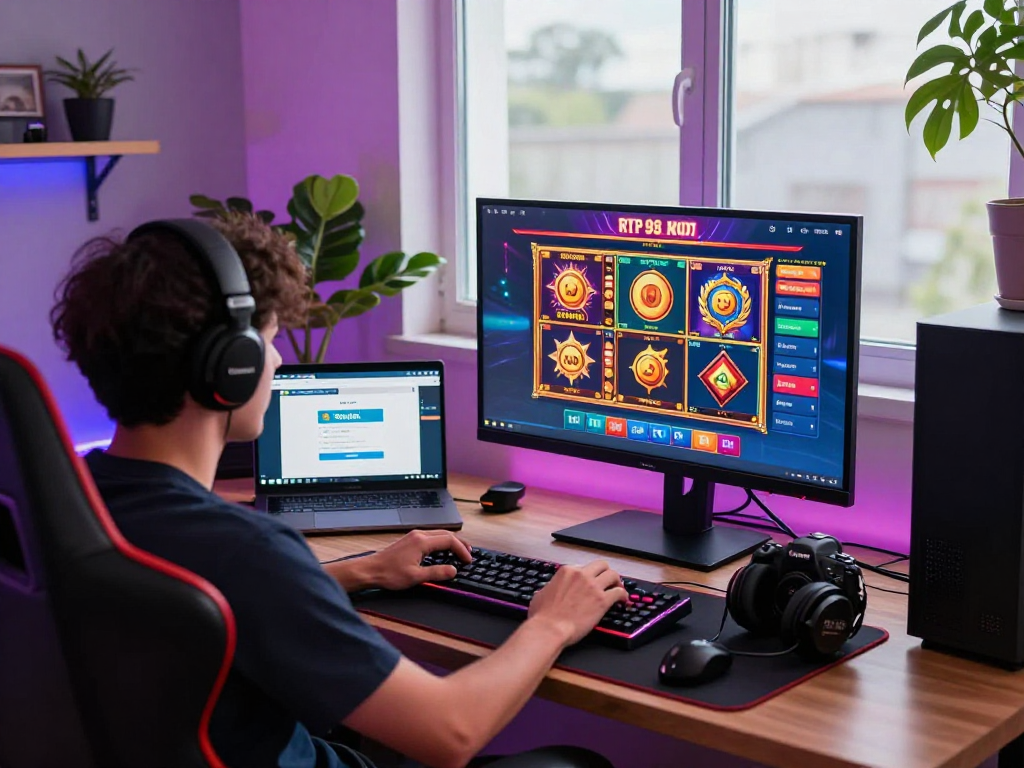 login togel gaming scene with player at a modern setup showcasing vibrant slot games and exciting graphics