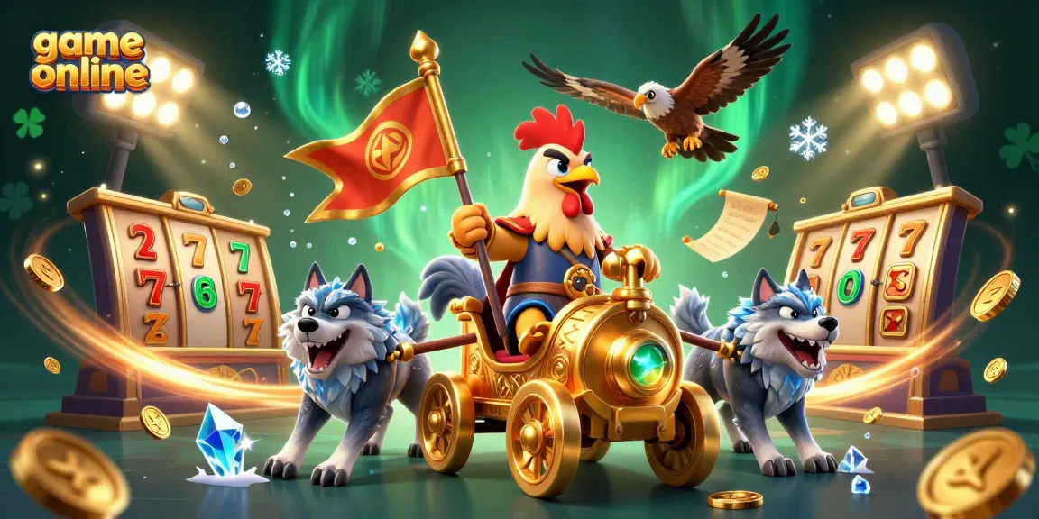 Experience thrilling game online action with dynamic scenes of a rooster warlord and golden gambling elements.