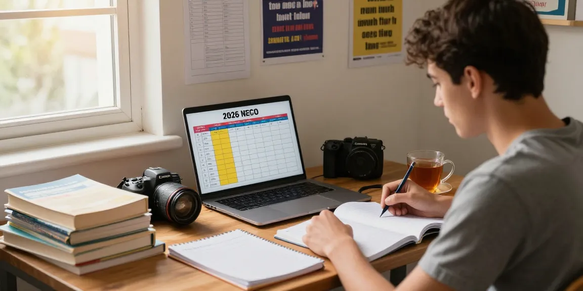 Focused student reviewing the 2026 NECO timetable in a bright study space.