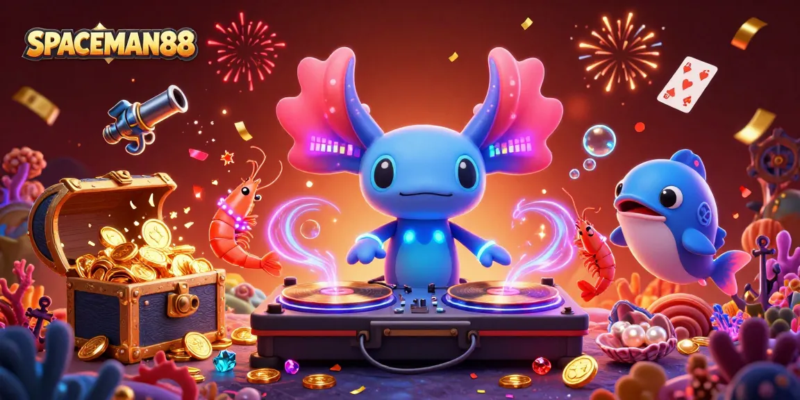 Engage with SPACEMAN88 as a neonal axolotl DJ spins gold on vibrant underwater turntables.