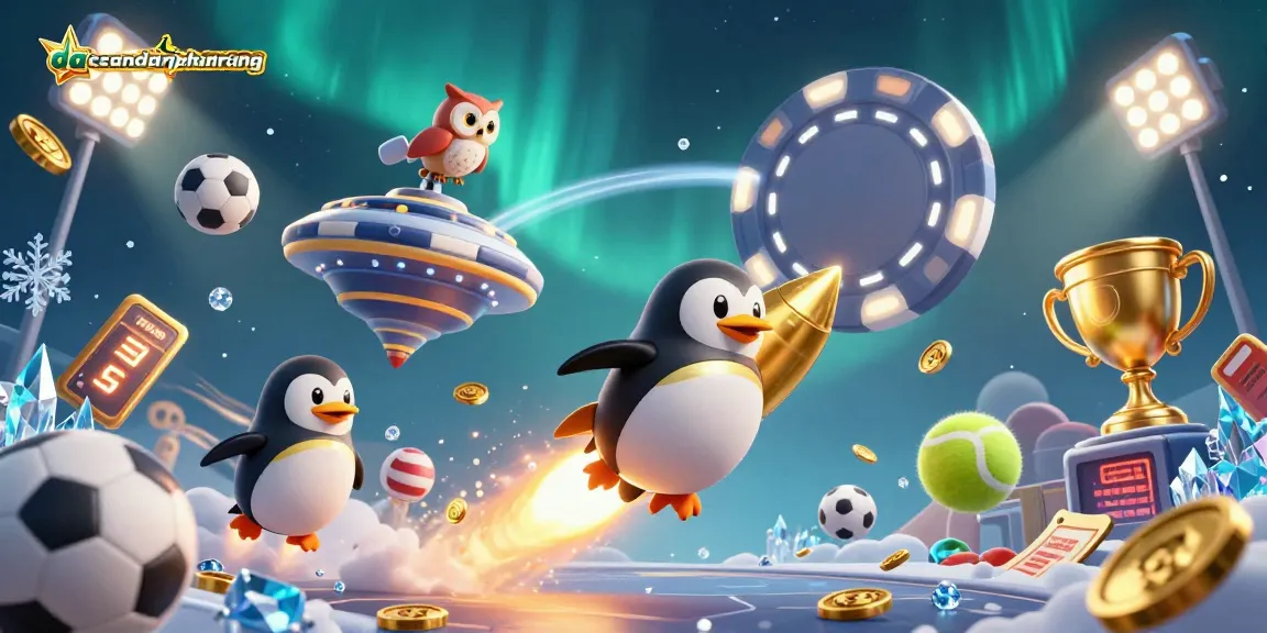 Bet on dacsandatphanrang with a golden penguin navigating a dynamic casino universe.