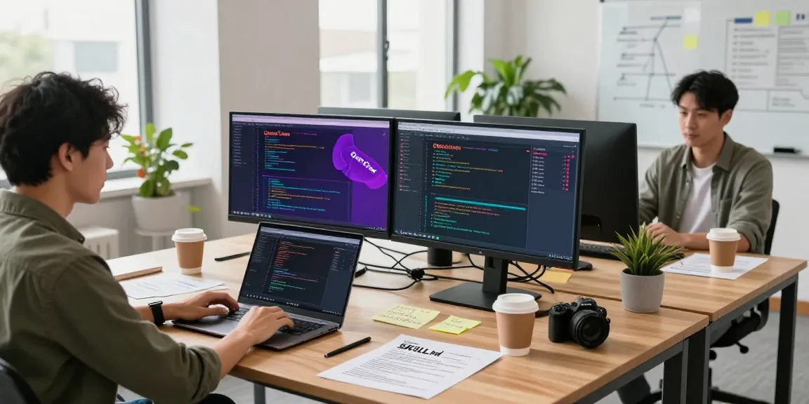 A collaborative tech workspace showcasing a developer coding OpenClaw skills with team members in a modern office.
