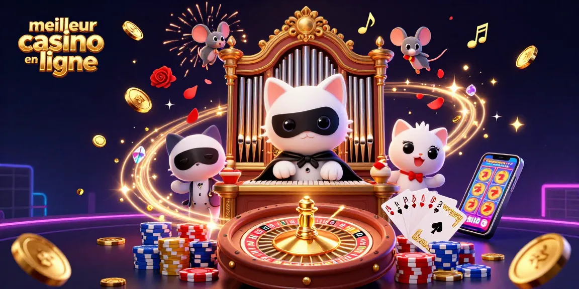 Illustration dynamique du meilleur casino en ligne avec un chat masqué et des éléments de jeu captivants.