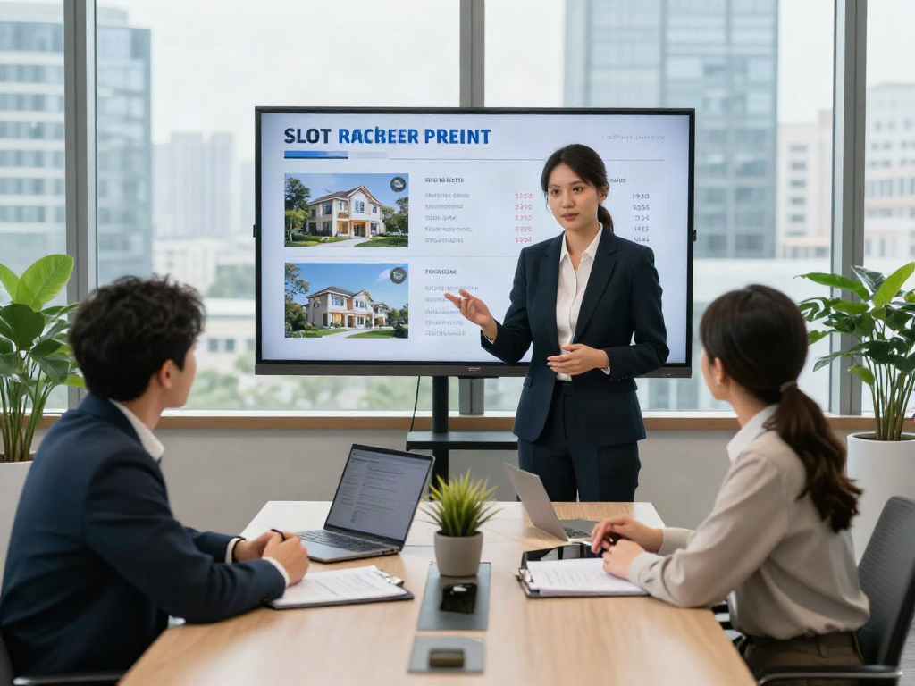 Real estate agent discussing slot 10k investment properties with clients in a modern office.