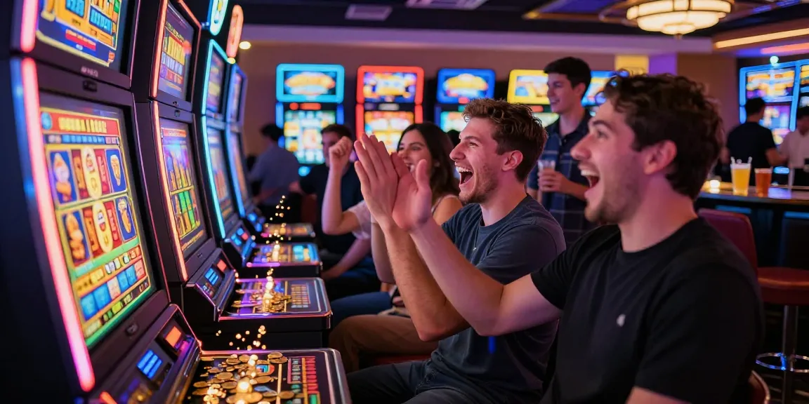 Excited players at a slot machine celebrating a jackpot win in a lively casino.