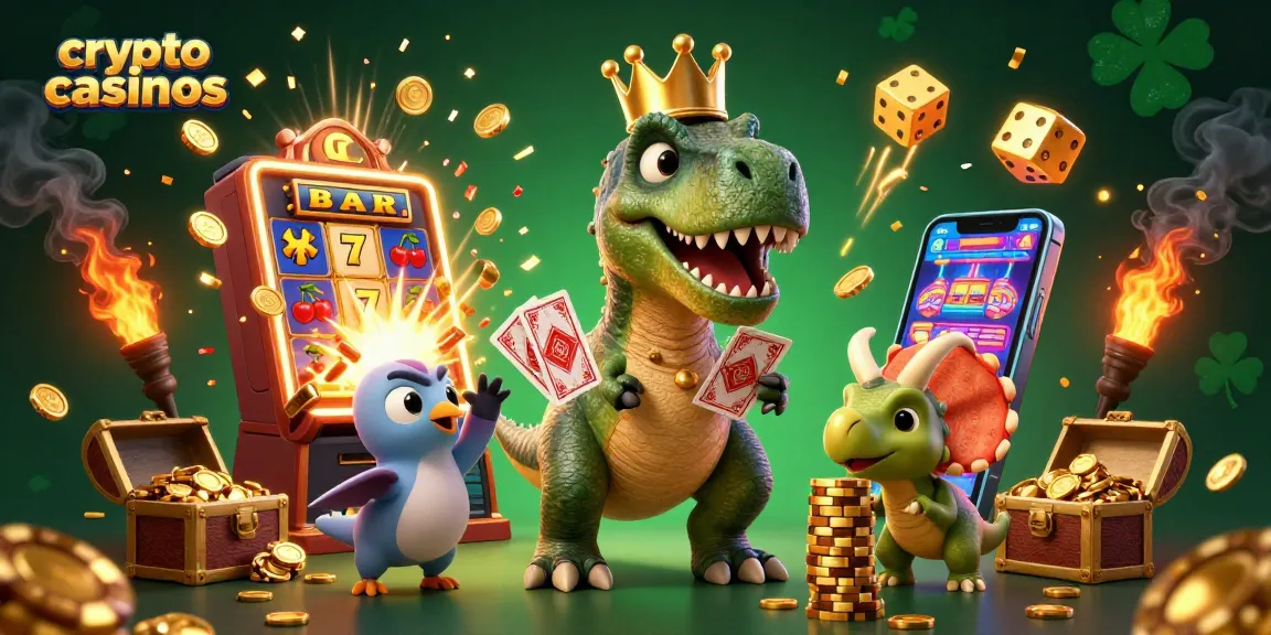 Gagnez avec les crypto casinos grâce à un T-Rex jouant aux cartes, entouré d'un jackpot lumineux.
