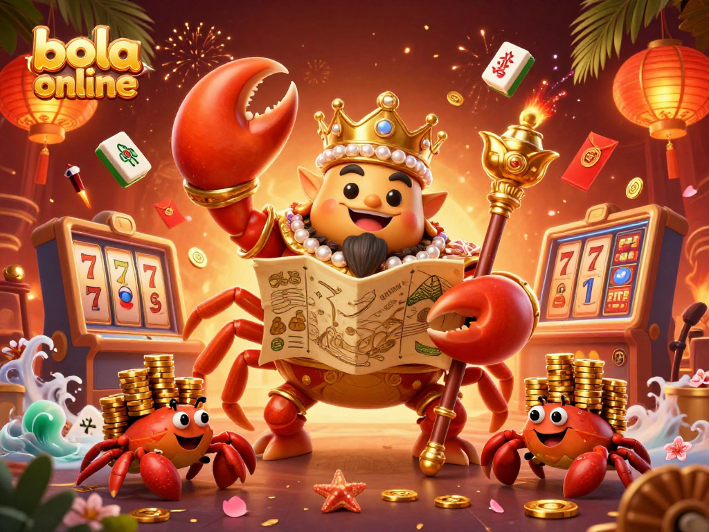 Engage with bola online through vibrant casino visuals featuring a golden crab emperor and floating game elements.