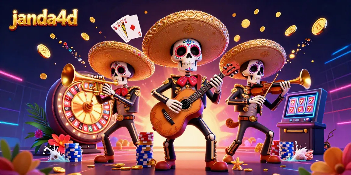 Ilustrasi janda4d yang meriah dengan band mariachi kerangka, memainkan alat musik di tengah gemerincing koin emas dan elemen kasino.