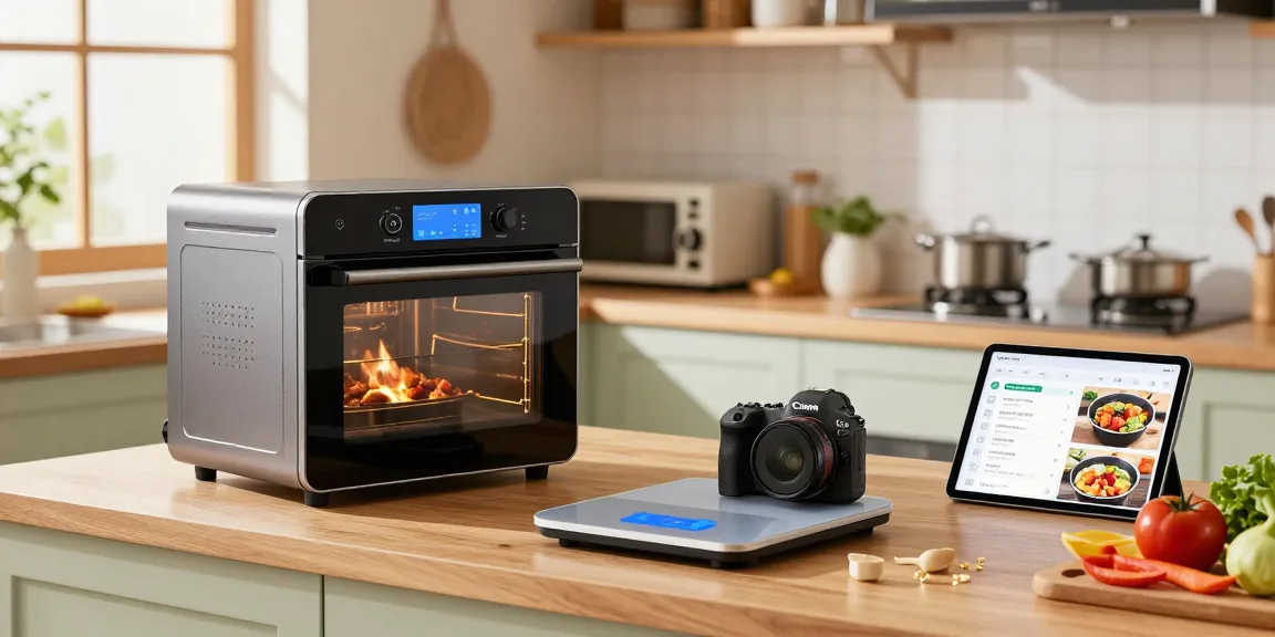 Home cook enjoying innovative AI cooking gadgets while preparing a meal in a bright kitchen.