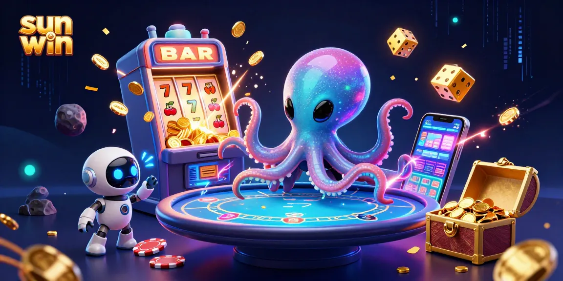 Immerse in the excitement at sun win with an alien octopus and robot at a holographic poker table.