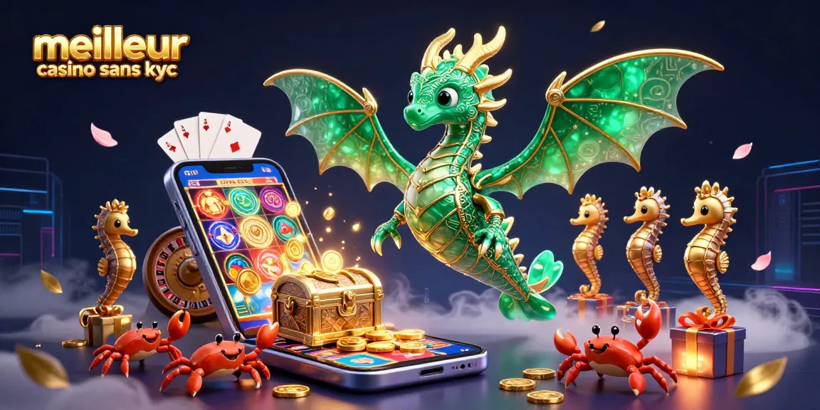 Illustration 3D d'un dragon de mer et un hippocampe gardien autour d'un trésor, représentant le meilleur casino sans KYC.