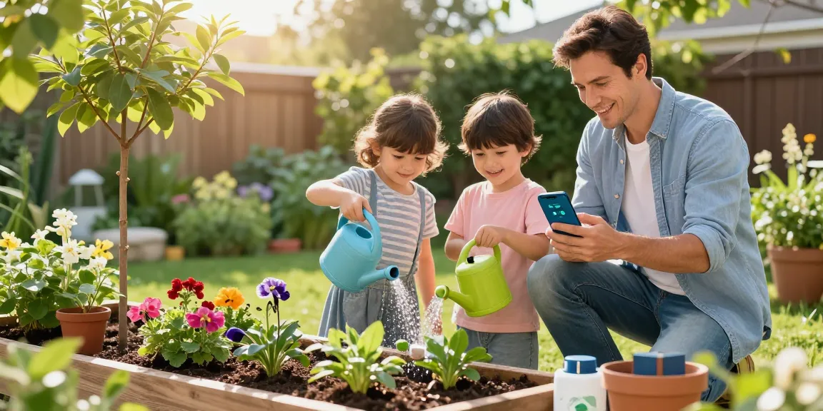 Family using the rainpoint wifi water timer to effortlessly manage garden watering and ensure plant health.