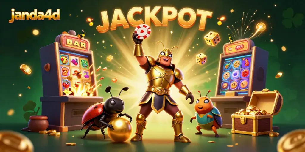 Menggambarkan keberuntungan di janda4d dengan karakter kartun 3D yang menampilkan kemenangan jackpot dalam suasana kasino