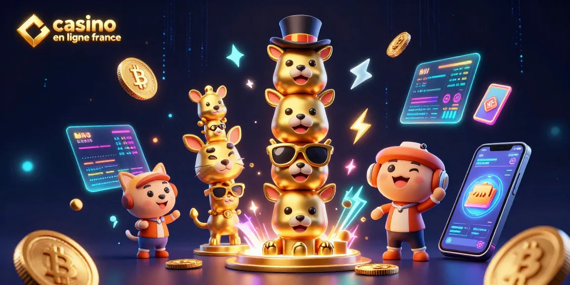 Jouez à casino en ligne France avec une illustration dynamique de totem en 3D et des éléments de jeu.