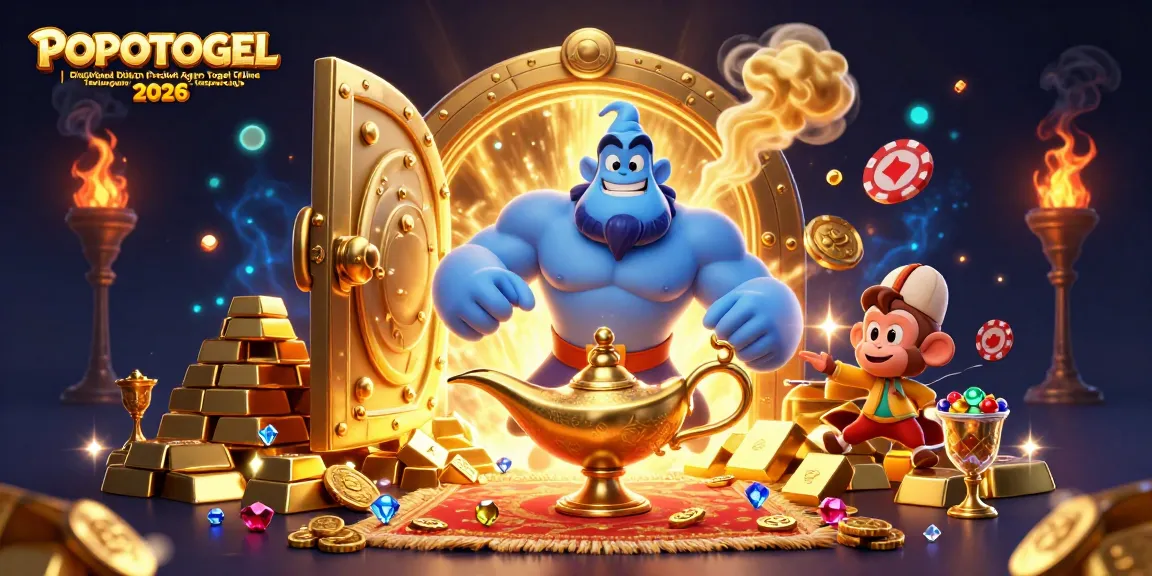 Engage with POPOTOGEL | Distribusi Diskon Produk Agen Togel Online Terlengkap & Terpercaya 2026 in a vibrant 3D scene featuring a genie, monkey, and magical elements.