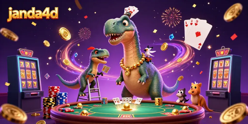 Permainan di janda4d memperlihatkan dinosaur besar dan dealer licik di kasino megah.