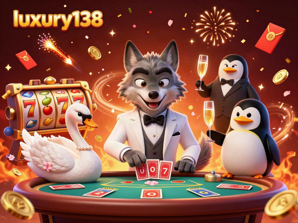 Menyaksikan permainan slot mewah di luxury138 dengan karakter seru dalam ilustrasi 3D.