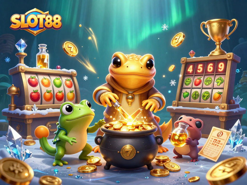 SLOT88 menampilkan salamander alkimia besar dan katak dalam laboratorium dengan jackpot dan slot emas mengalir