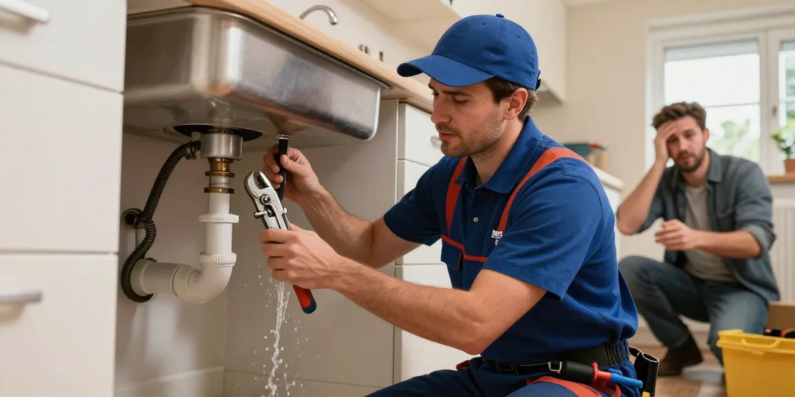 Fast plumbing help in Rushden with a plumber fixing a burst pipe under a kitchen sink.