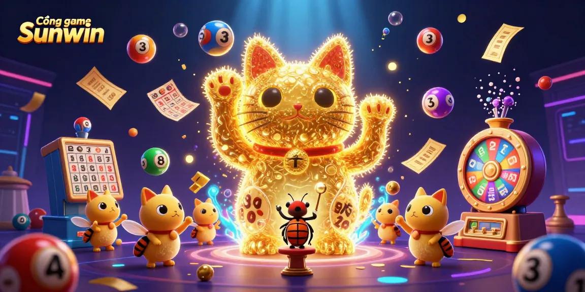 Cổng game Sunwin features a vibrant casino scene with a dynamic lucky cat and conductor beetle, showcasing exciting lottery elements.