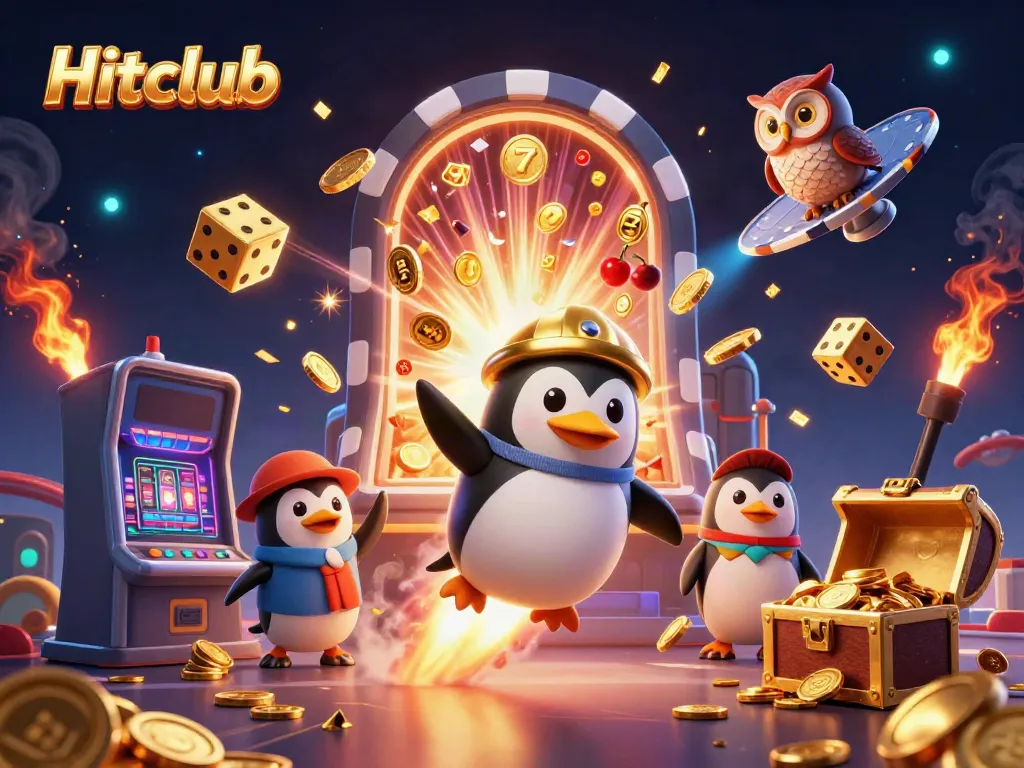 Experience the dynamic Hitclub universe with a golden penguin rocket racing through a cosmic casino scene.