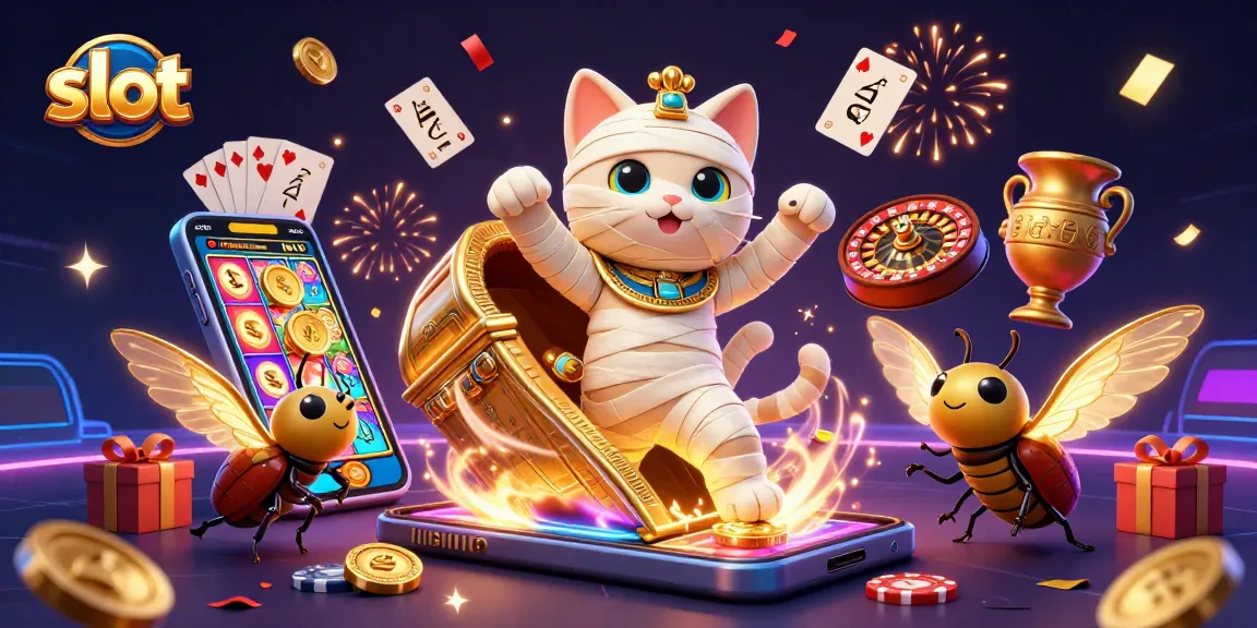 Spin the reels of thrilling slot games with an Egyptian mummy cat in a vibrant casino