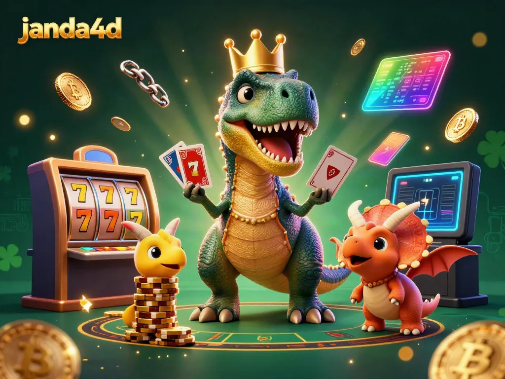 Janda4d menawarkan permainan slot yang seru dengan karakter dinosaurus berinteraksi dan menumpuk chip emas.