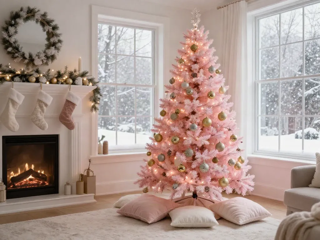 Stylish living room with a light pink Christmas tree decorated for the holidays