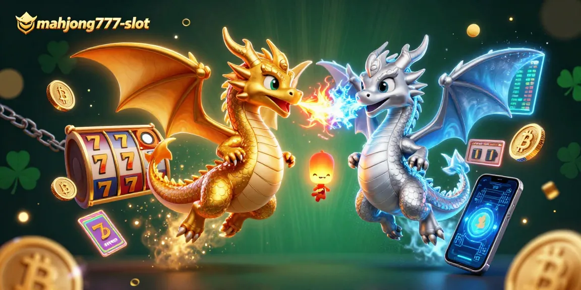 Engage with mahjong777-slot's dynamic scene of dragons amidst slot reels and crypto elements.