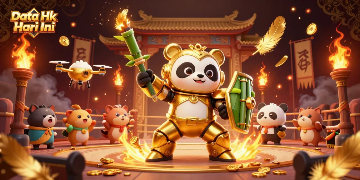 Betting strategy illustration showcasing Data Hk Hari Ini with golden panda in mech-suit in dynamic gambling arena.