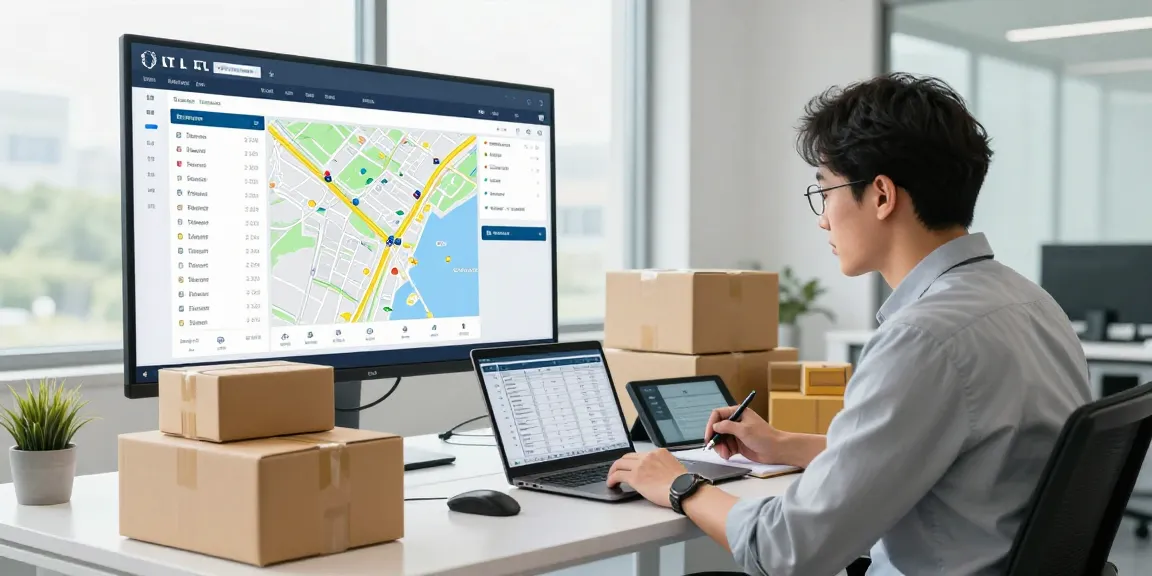 LTL Transport Dortmund: Logistikmanager plant Teilladungen am modernen Schreibtisch mit Echtzeit-Tracking-Dashboard im Hintergrund.