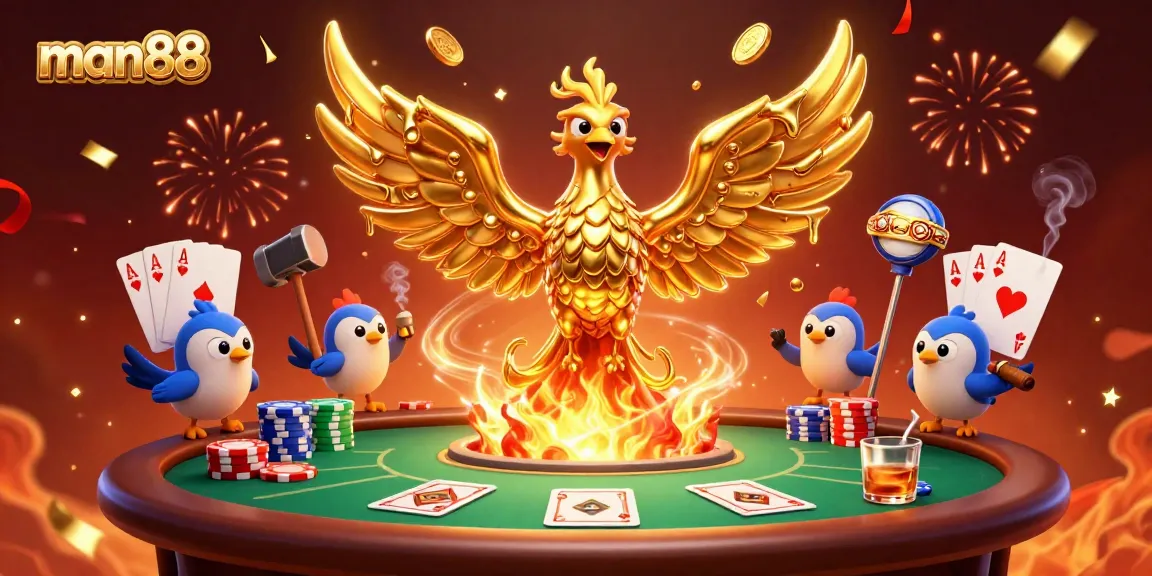 Experience thrilling gameplay at man88 with a spectacular golden phoenix and dynamic poker action.
