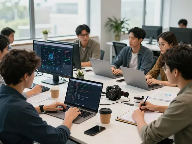 v2rayN官网 collaborative tech workspace with developers coding and brainstorming